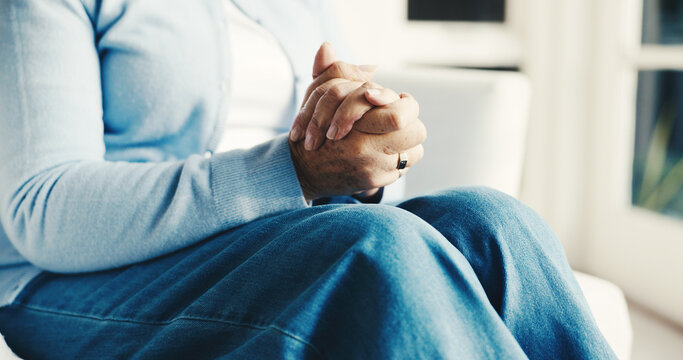 Mental health, old person or hands in home with nerves, anxiety trigger or regret in trauma memory. Retirement, worry or senior woman with reflection, overthinking or flashback in emotional thoughts.
