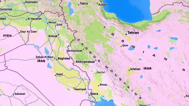 Detailed Map of Israel, Iran and Middle East Showing Regional Borders, Countries, Seas and Strategic Geographic Locations for Global Geography