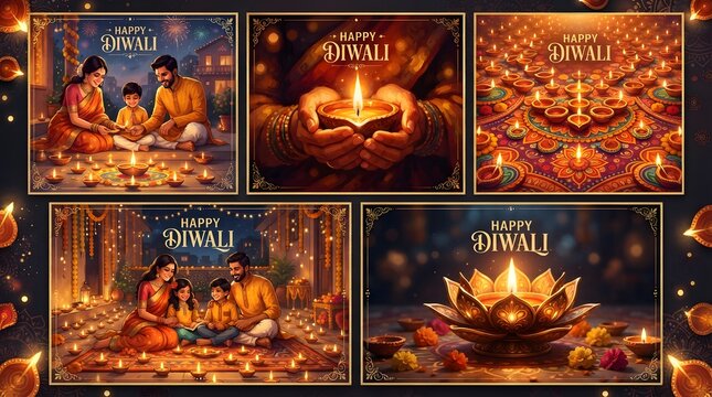 Set of diwali greeting cards with traditional oil lamps and happy indian families celebrating the festival of lights