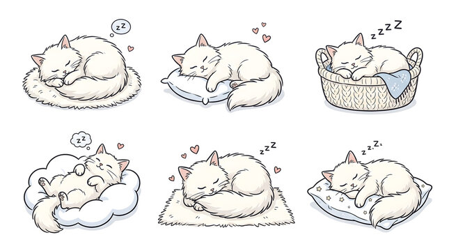 Set of Cute White Cats Sleeping in Various Positions and Cozy Environments for Adorable Decorative Vector Graphics and Digital Design Elements