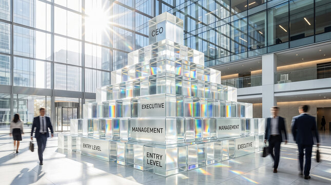 Huge translucent crystal pyramid structure displaying printed corporate hierarchy text standing inside modern sunlit glass office building lobby alongside blurred walking business people