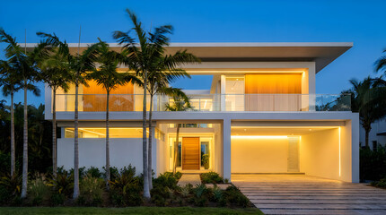 Fototapeta premium Modern luxury house with palm trees at night