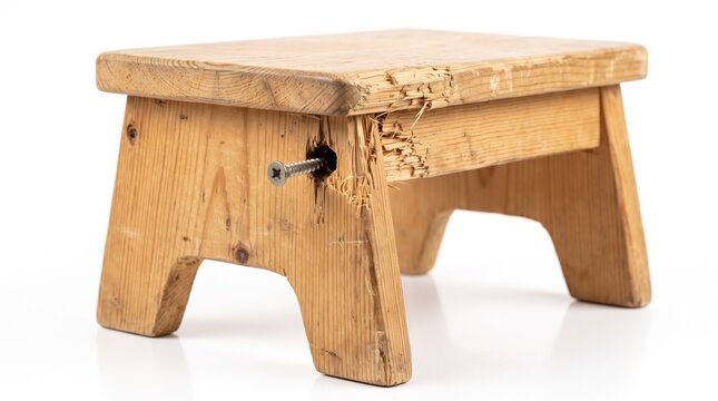 Small damaged wooden stool with a protruding screw on white background