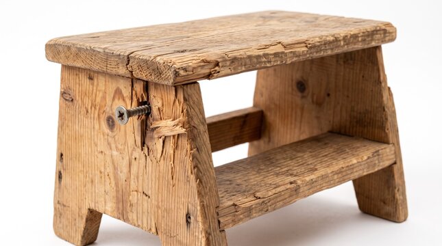 Rustic handmade wooden stool with a protruding screw on white background
