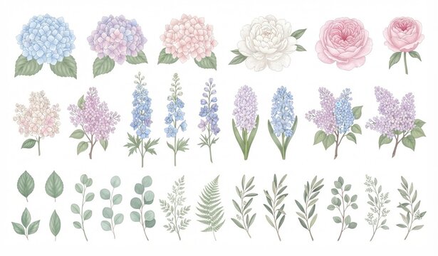Pastel Hydrangea Delphinium Peony Rose and Lilac Botanical Vector Collection