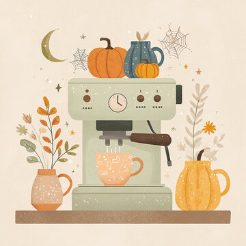 Retro espresso coffee machine with autumn pumpkins and floral vases cozy witchy kitchen flat illustration