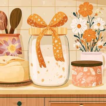 Sourdough starter in glass jar with ribbon and fresh bread loaf on rustic autumn kitchen counter illustration