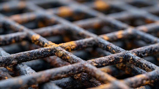 Close up of weathered metal grid showing textured rust patterns under soft lighting with shallow depth of field