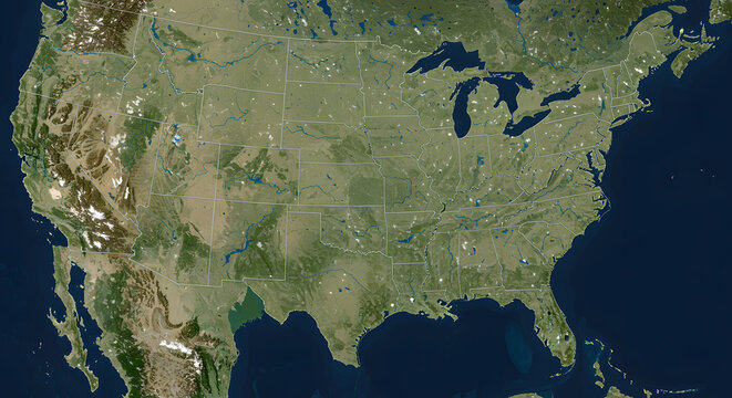 Satellite View of Contiguous United States at Night with Illuminated City Lights, Including Alaska and Hawaii