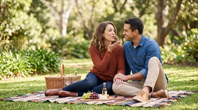 Playful woman blowing a kiss to her partner during a romantic park picnic. Happy couple enjoying outdoor date with food and wine on a blanket