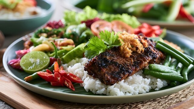 Grilled meat served over white rice with fresh vegetables including green beans  tomatoes  chili peppers and lime