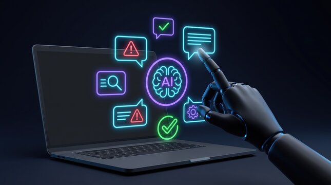 Artificial intelligence neon icons on laptop screen, robot hand touching AI brain interface, futuristic digital technology concept