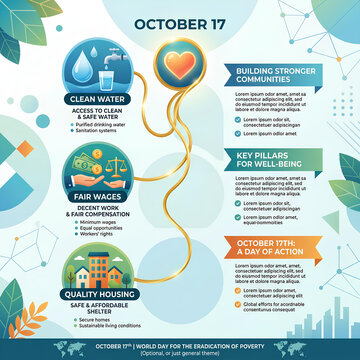 Poverty eradication infographic with clean water and housing.