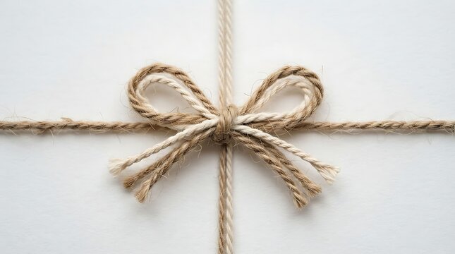 Natural jute twine rope tied in a bow knot on a gift package for a rustic and simple decorative look