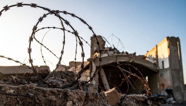 Barbed wire and destroyed building in sunlight, symbolizing destruction, conflict, and the aftermath of war or disaster.