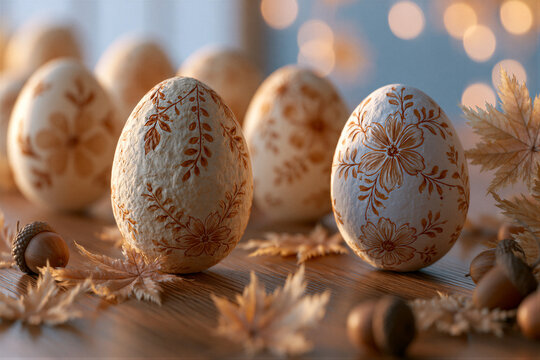Upright eggs with floral patterns on polished wood for Autumn Equinox, warm golden light, soft bokeh, scattered autumn leaves, right copy space for cultural festival posters and educational media...