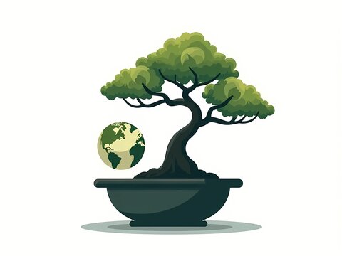 Minimalist bonsai tree with floating earth globe vector illustration