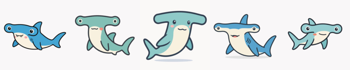Naklejka premium Set of cute and adorable hammerhead shark vectors