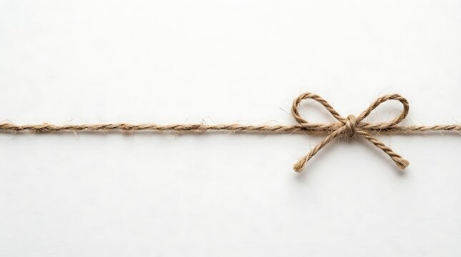 Simple brown rustic twine rope tied in a neat bow knot on a horizontal string for gift wrapping decor