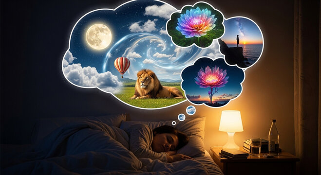 A woman sleeps soundly in bed dreaming of various creative and surreal things in her mind bubble.