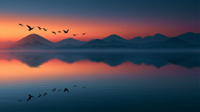 Serene lake at dusk with mirror-like water reflecting a warm orange to deep purple sky gradient, distant mountain silhouettes and cinematic lighting, perfect for travel banners and tourism websites.