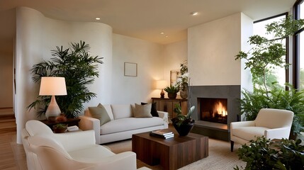 Fototapeta premium A serene living room features curved plaster walls a fireplace and lush greenery under warm ambient lighting