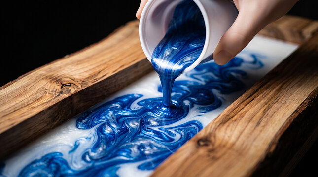 Pouring blue metallic resin into a live edge wooden table mold for custom furniture making