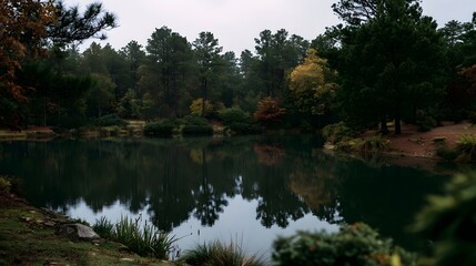Obraz premium A calm pond reflects tall pine trees and autumn colored foliage under an overcast sky in a quiet forest setting