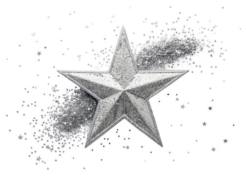 Silver glitter star burst with sparkling metallic particles for festive design transparent background.