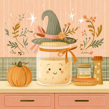 Kawaii sourdough starter in glass jar with cute witch hat and pumpkin in cozy autumn kitchen flat vector illustration