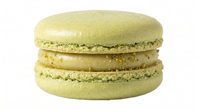 Green pistachio macaron with creamy filling on white background