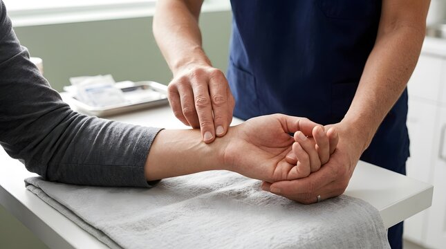 A medical professional taking a patient pulse at a clinic.