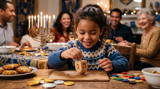 Diverse little girl playing dreidel at table during Hanukkah family dinner celebration with menorah