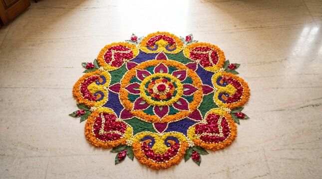 Traditional flower petal rangoli on floor for Indian festival celebration like Diwali or Onam
