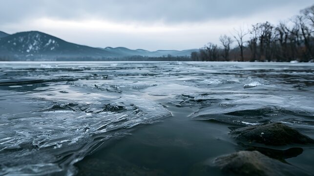 Frozen lake surface with cracked ice sheets and distant mountains under overcast sky  calm winter landscape