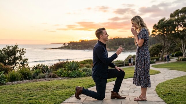 Man proposing to a woman on a coastal path at sunset. Romantic marriage proposal by the ocean with engagement ring. Love and commitment concept