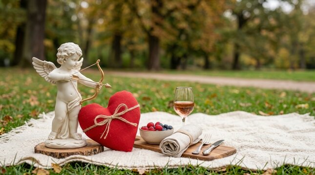 Cupid statue aiming bow at a red heart on a picnic blanket. Romantic outdoor date setup in a park with wine, fresh berries, and autumn background