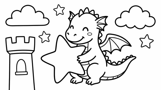 Cute baby dragon holding a large star near a castle tower, black and white coloring page illustration.