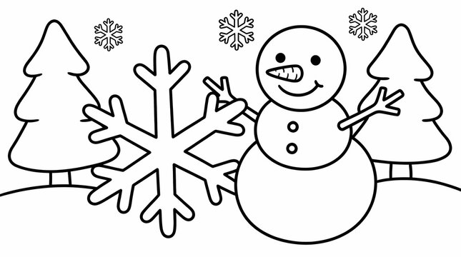 Simple line art of a smiling snowman and a large snowflake in a winter forest for children's coloring.