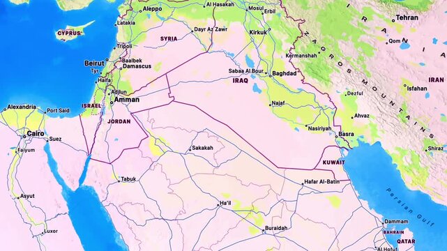 Detailed Map of Israel, Iran and Middle East Showing Regional Borders, Countries, Seas and Strategic Geographic Locations for Global Geography