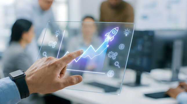 Hand touching a digital graph for financial success