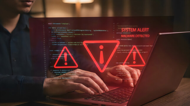 Cybersecurity Alert, Person using laptop with malware warning alerts

