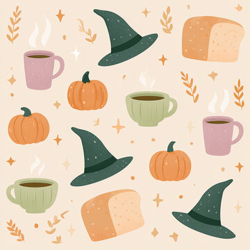 Cute cozy autumn seamless pattern with witch hats pumpkins bread and coffee mugs flat vector illustration