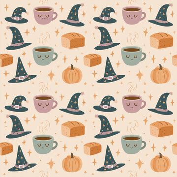 Kawaii autumn seamless pattern with smiling coffee cups witch hats and pumpkins cute halloween flat illustration