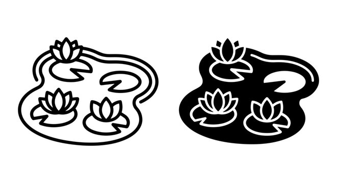 Water Lily Pond Icons, Nature Aquatic Plant Symbols, Garden Lake Floral Vector Art
