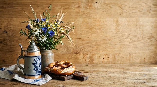 Bavarian Oktoberfest still life with beer stein pretzel and wildflowers