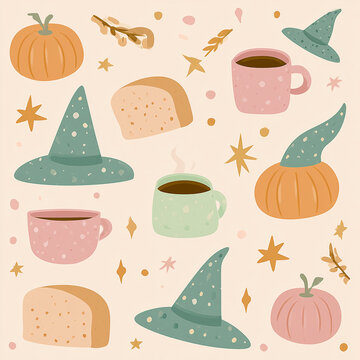 Pastel autumn seamless pattern with speckled witch hats pumpkins bread and coffee mugs flat vector illustration