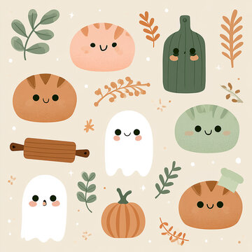 Kawaii autumn bakery seamless pattern with cute ghosts smiling bread cutting board and pumpkin illustration