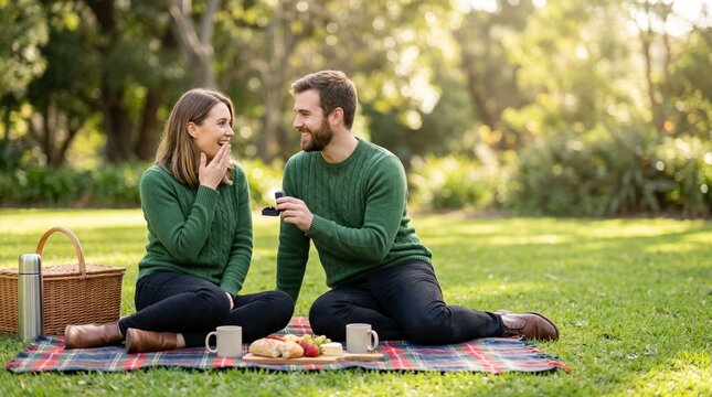 Man proposing to woman with engagement ring during park picnic. Happy couple in matching green sweaters on a blanket. Marriage proposal concept