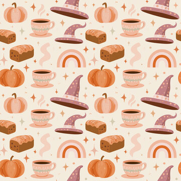 Boho autumn seamless pattern with pink witch hats pumpkins rainbows and coffee cups flat illustration